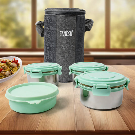 Ganesh 4In1 Tiffin Box-Lunch Box | 3 Stainless Steel Containers 300 Ml Approx & Plastic Salad Container 200 Ml Approx| Plastic lid Box | Round Zip Bag | Leak Proof | Microwave Safe for Office, College and School for Men, WomenÂ