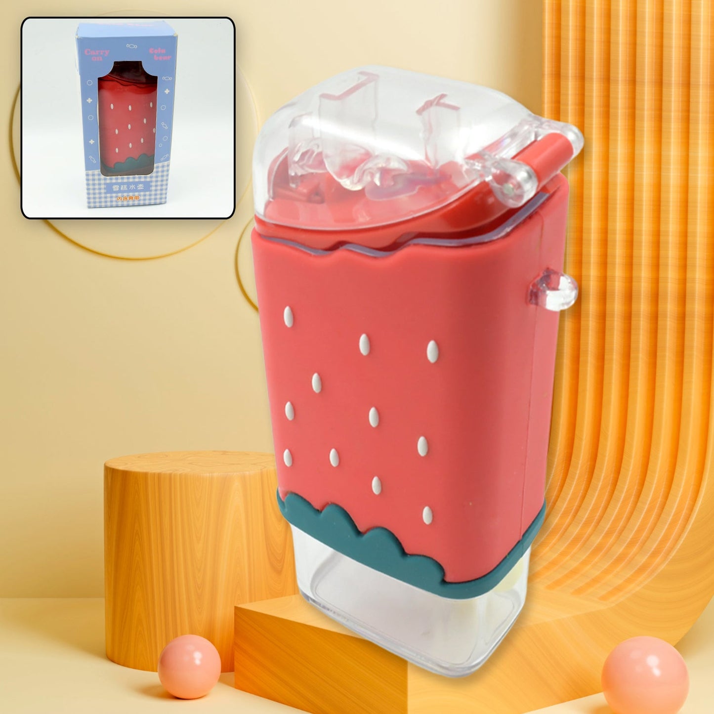 Portable Cute Water Bottle for Kids, Unique Ice Cream Shape water cup, sicle Shaped Plastic Kettle with Straw, Adjustable Shoulder Strap, BPA free, Leakproof (300 ML)