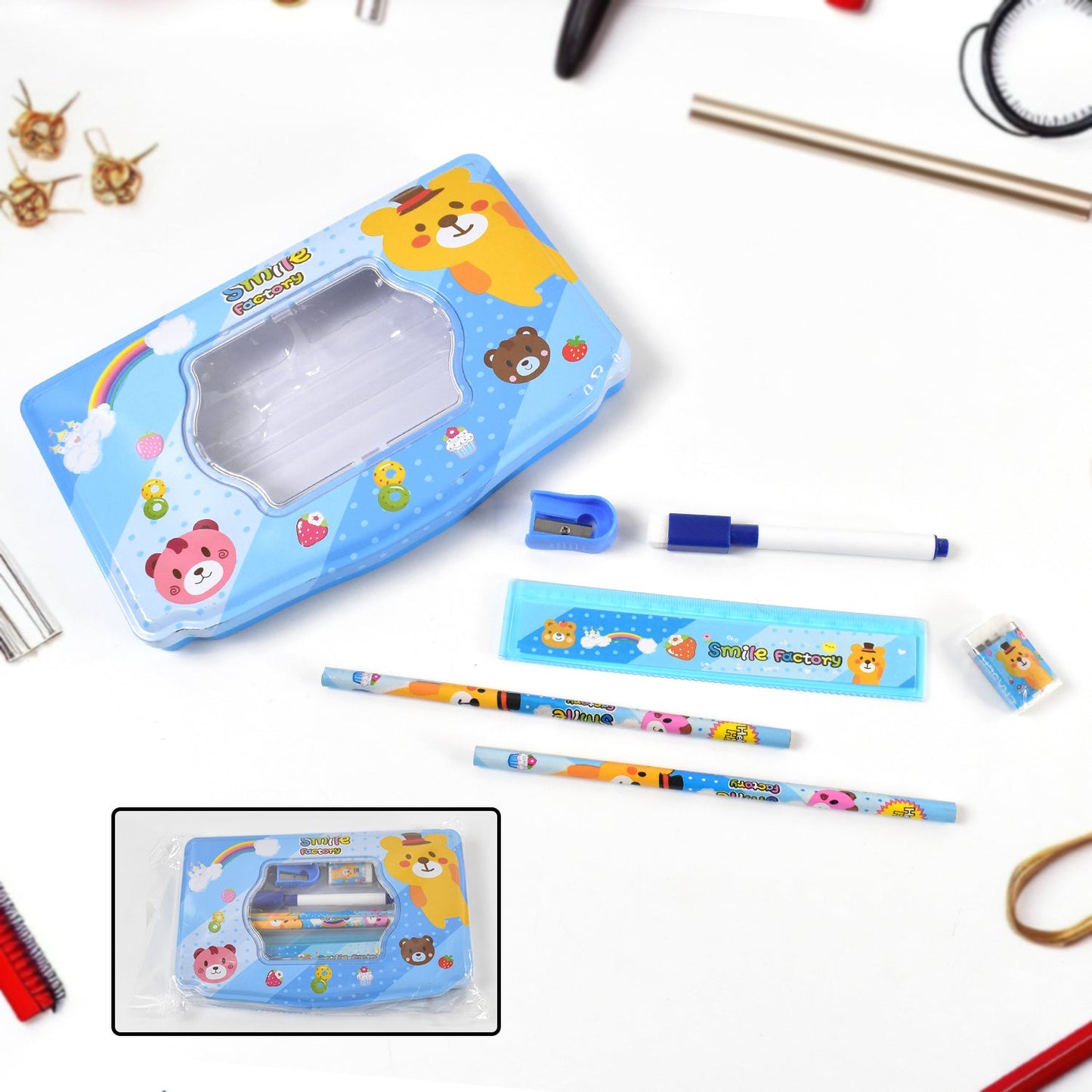 Cartoon Metal Compass Box for Kids with Stationery (6 Pc Set) Diwali Special