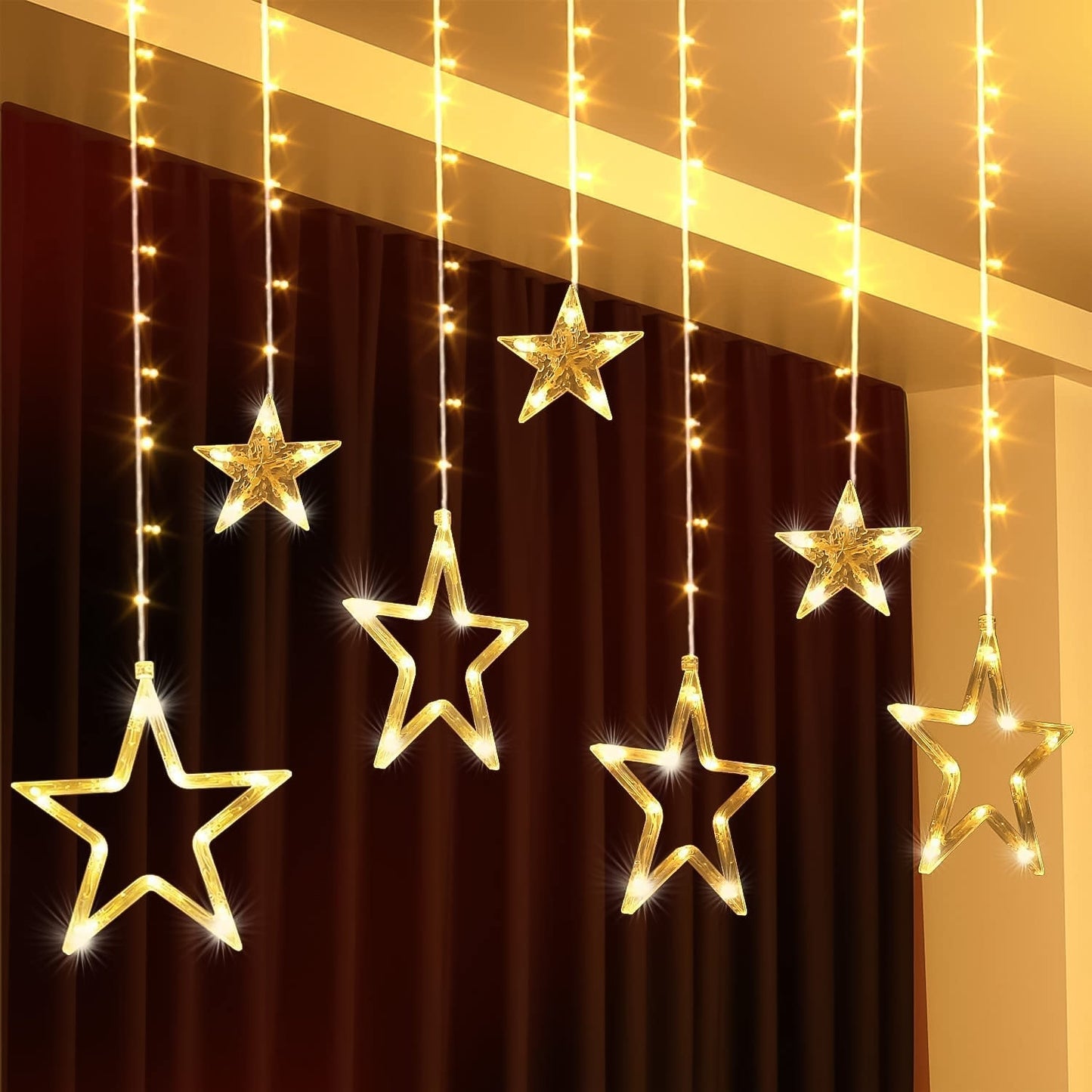 12 Stars LED Curtain String Lights with 8 Flashing Modes for Home Decoration, Diwali & Wedding LED Christmas Light Indoor and Outdoor Light ,Festival Decoration (Warm White / With Box) Diwali Special