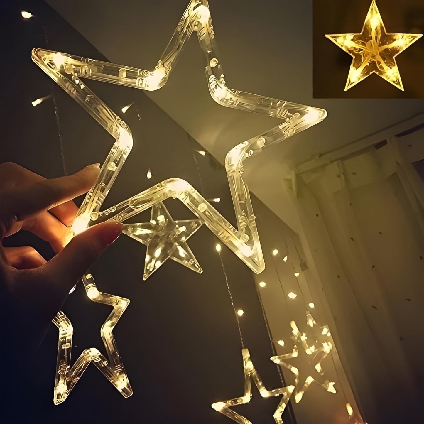 12 Stars LED Curtain String Lights with 8 Flashing Modes for Home Decoration, Diwali & Wedding LED Christmas Light Indoor and Outdoor Light ,Festival Decoration (Warm White / With Box) Diwali Special