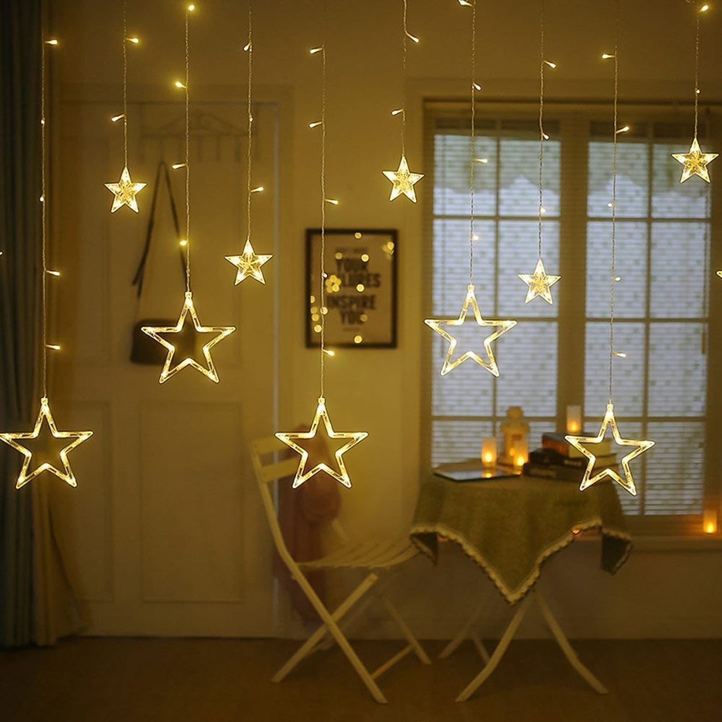 12 Stars LED Curtain String Lights with 8 Flashing Modes for Home Decoration, Diwali & Wedding LED Christmas Light Indoor and Outdoor Light ,Festival Decoration (Warm White / With Box) Diwali Special