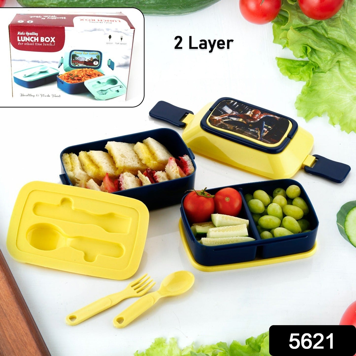 5621Â Double Layer Lunch Box Stylish Lid Lunch Box With Fork & Spoon Lunch Box For Children School Lunch BoxÂ