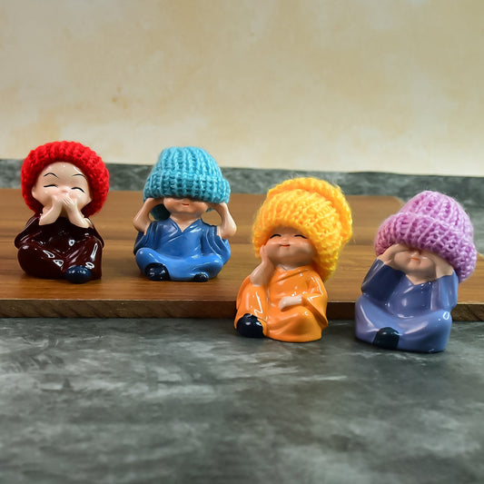 Decorative Resin Monk Buddha Showpiece Set of 4 with Traditional Straw Hats Diwali Special