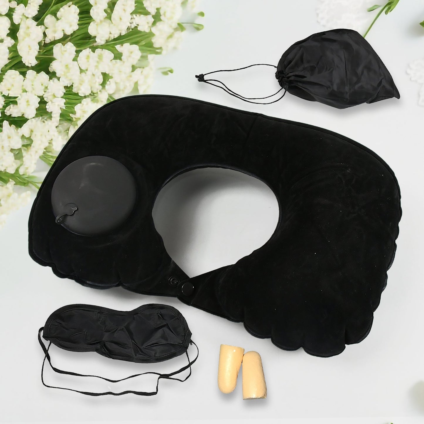 8512Â 3 in 1 Comfortable Travel Sleeping Kit, Neck Pillow, Eye Mask & Ear Plug Set Inflatable Plane Sleeping Pillow Head Neck Support Pillows for Travel Airplane Office, Black