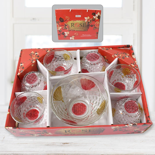 Rose glass Multipurpose Pudding / Dessert / Ice Cream Bowl Set for Home use, Home & Kitchen Serving Bowl for Sundae, Sweets, Snacks, Fruit, Pudding, Nuts or Dip, Serving Bowls 6 Medium & 1 Big Bowl (Set of 7 pc) Diwali Special