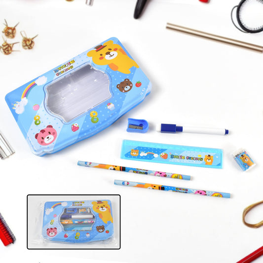 Cartoon Metal Compass Box for Kids with Stationery (6 Pc Set) Diwali Special