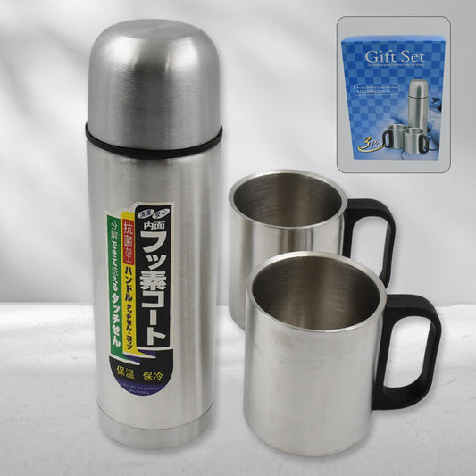 Double Wall Stainless Steel Thermos Flask 500ml Vacuum Insulated Gift Set with Two Cups Hot & Cold, Stainless Steel, Diwali Gifts for Employees, Corporate Gift Item (3 Pcs Set) Diwali Special