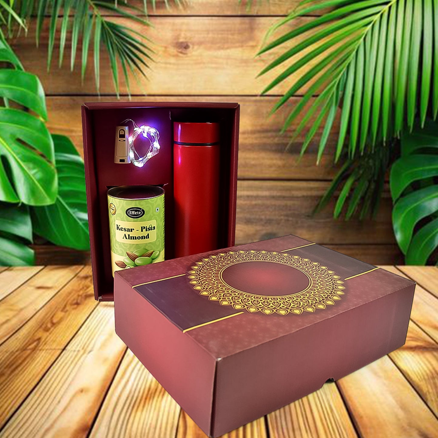 Personalized Temperature Water Bottle, Decorative Light & Kesar Pista Chocolate (With Attractive Multi color Box / 3 Pc Set) Diwali Special