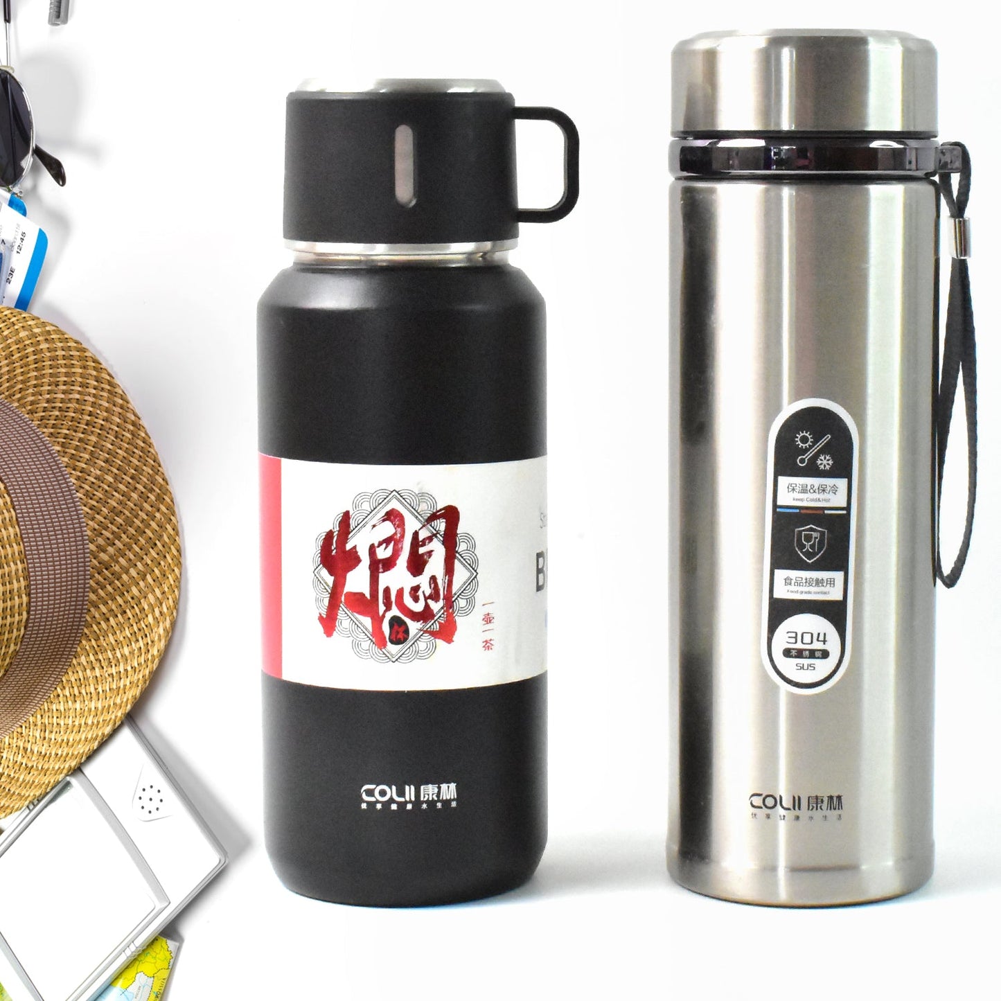 Stainless Steel Vacuum Insulated Water Bottle â€“ 900ML Approx, Leak-Proof, Wide Mouth with Hanging Strap (Mix Color)