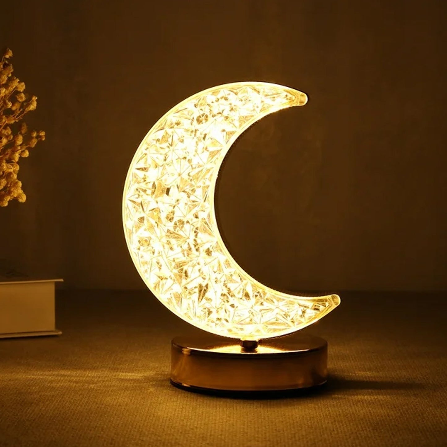 Crystal Table Lamp | Moon Shape Touch Control Lamp with 3 Color | Metal Bedside Lamp for Kids Bedroom Romantic Desktop Nightstand | Stepless Dimming USB Charging Touch Night Light Diwali Special