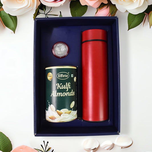 Personalized Temperature Water Bottle, Silver color Coin & Chocolate (With Attractive Peacock Box / 3 Pc Set) Diwali Special