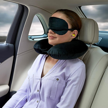 8512Â 3 in 1 Comfortable Travel Sleeping Kit, Neck Pillow, Eye Mask & Ear Plug Set Inflatable Plane Sleeping Pillow Head Neck Support Pillows for Travel Airplane Office, Black