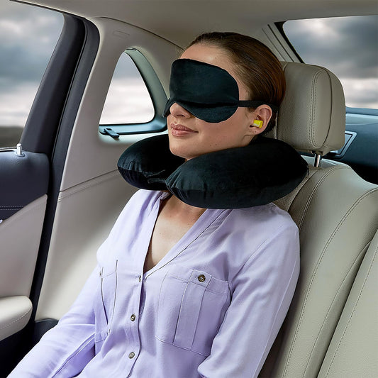 8512Â 3 in 1 Comfortable Travel Sleeping Kit, Neck Pillow, Eye Mask & Ear Plug Set Inflatable Plane Sleeping Pillow Head Neck Support Pillows for Travel Airplane Office, Black