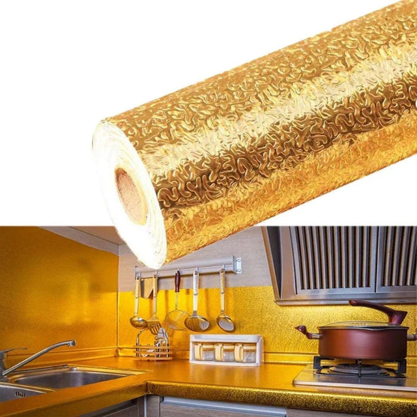 Oil Proof Sticker, Waterproof Self Adhesive Aluminum Foil Wallpaper (60 cmÃ—200 Cm / Golden / 1 Pc)
