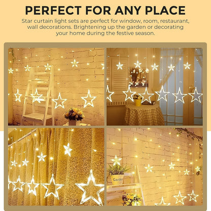 12 Stars LED Curtain String Lights with 8 Flashing Modes for Home Decoration, Diwali & Wedding LED Christmas Light Indoor and Outdoor Light ,Festival Decoration  (Warm White / With Box) Diwali Special