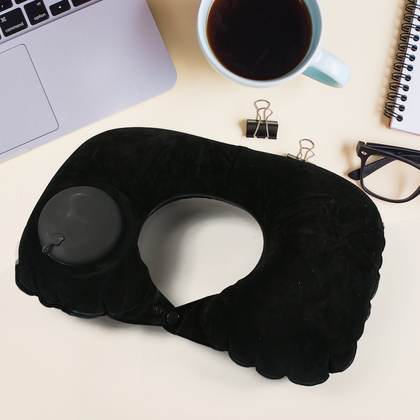 8512Â 3 in 1 Comfortable Travel Sleeping Kit, Neck Pillow, Eye Mask & Ear Plug Set Inflatable Plane Sleeping Pillow Head Neck Support Pillows for Travel Airplane Office, Black