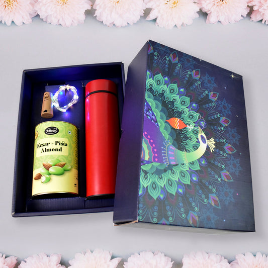 Personalized Temperature Water Bottle, Decorative Light & Kesar-Pista Almond Chocolate (With Attractive Peacock Box / 3 Pc Set) Diwali Special