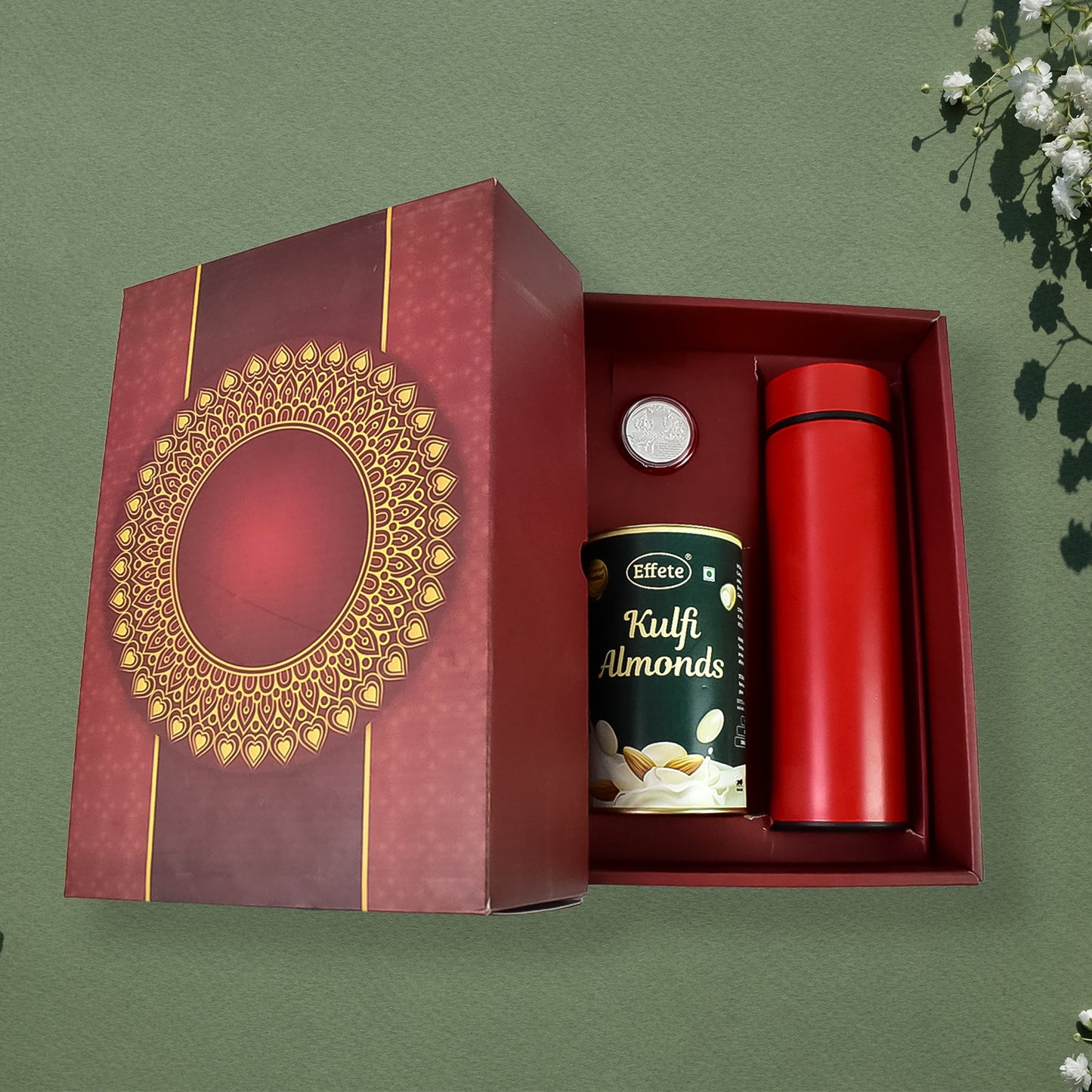 Personalized Temperature Water Bottle, Silver color Coin & Chocolate (With Attractive Multi Color Box / 3 Pc Set) Diwali Special