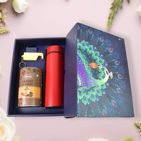 Personalized Temperature Water Bottle, 2in1 Keychain & Coffe Chocolate (With Attractive Peacock Box / 3 Pc Set / Mix Color Bottle) Diwali Special