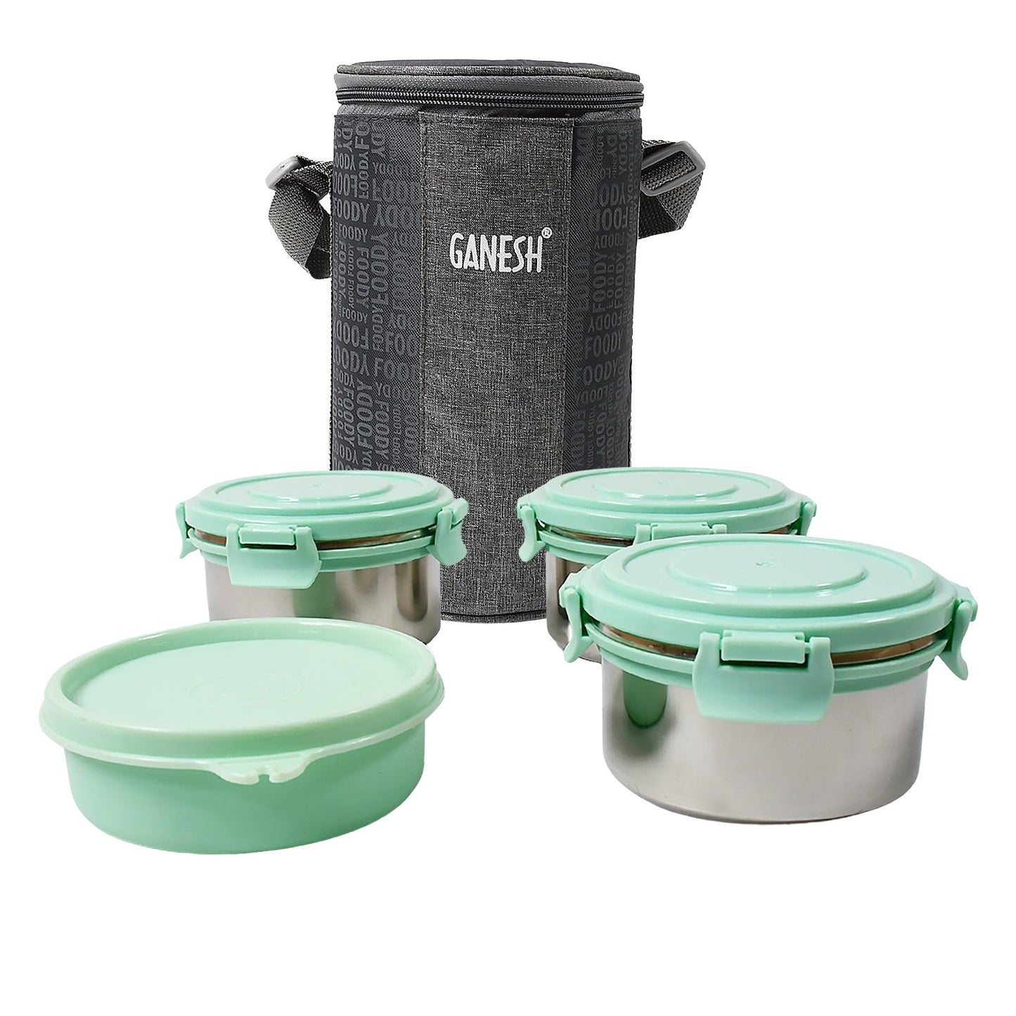 Ganesh 4In1Â Tiffin Box-Lunch Box | 3 Stainless Steel Containers 300 Ml Approx & Plastic Salad Container 200 Ml Approx| Plastic lid Box | Round Zip Bag | Leak Proof | Microwave SafeÂ for Office, College and School for Men, WomenÂ 
