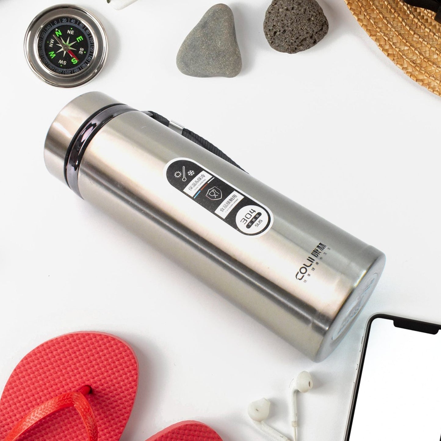 Stainless Steel Vacuum Insulated Water Bottle â€“ 900ML Approx, Leak-Proof, Wide Mouth with Hanging Strap (Mix Color)
