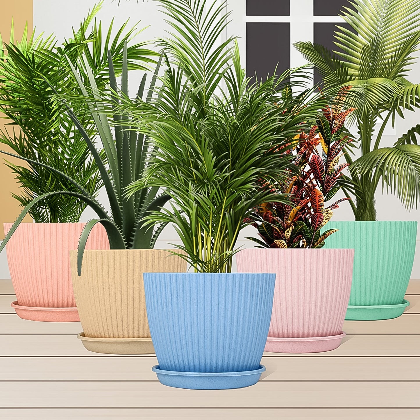 Round Flower Pot with Bottom Tray (5 Pcs Set / Small / 14Ã—16 Cm)