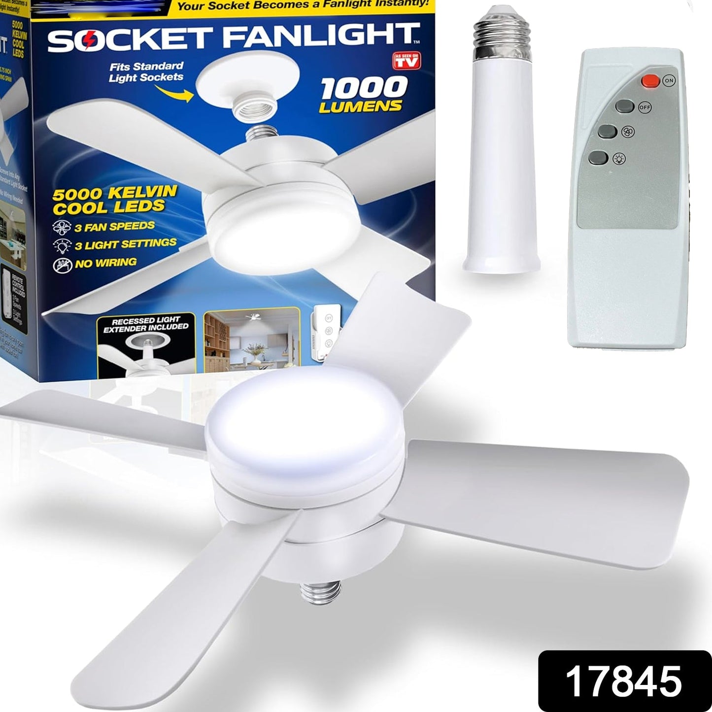 Original Cool LED Socket Fan Light â€“ Ceiling Fan Replacement, 1000 Lumens/5000K, Remote Controlled (Remote Battery Not Included)