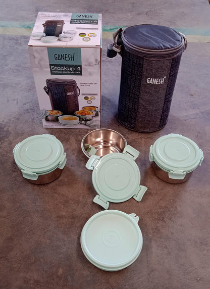 Ganesh 4In1Â Tiffin Box-Lunch Box | 3 Stainless Steel Containers 300 Ml Approx & Plastic Salad Container 200 Ml Approx| Plastic lid Box | Round Zip Bag | Leak Proof | Microwave SafeÂ for Office, College and School for Men, WomenÂ 