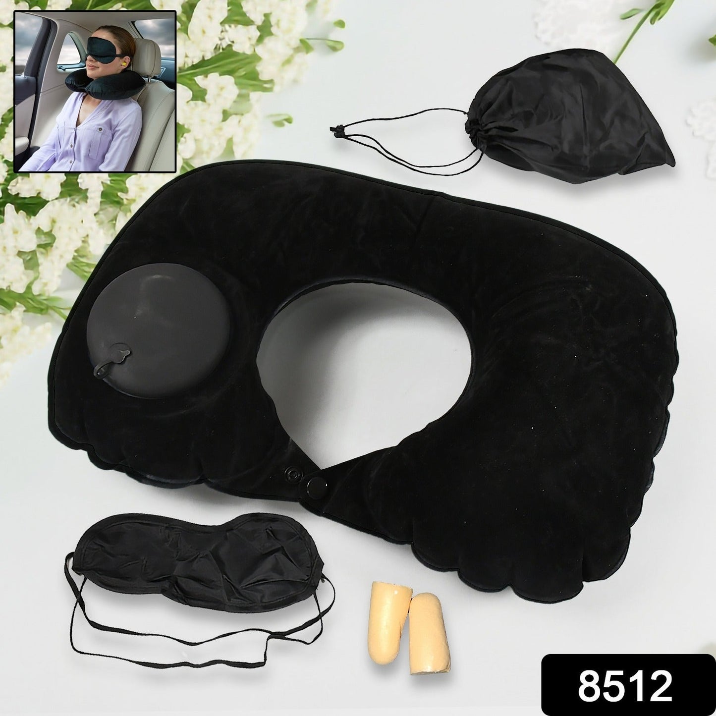 8512Â 3 in 1 Comfortable Travel Sleeping Kit, Neck Pillow, Eye Mask & Ear Plug Set Inflatable Plane Sleeping Pillow Head Neck Support Pillows for Travel Airplane Office, Black