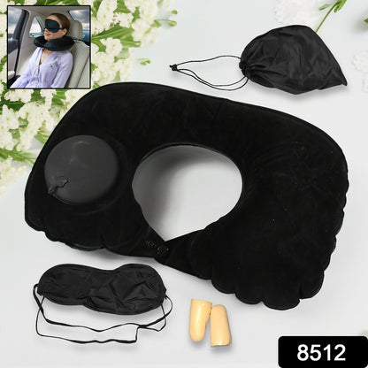 8512Â 3 in 1 Comfortable Travel Sleeping Kit, Neck Pillow, Eye Mask & Ear Plug Set Inflatable Plane Sleeping Pillow Head Neck Support Pillows for Travel Airplane Office, Black