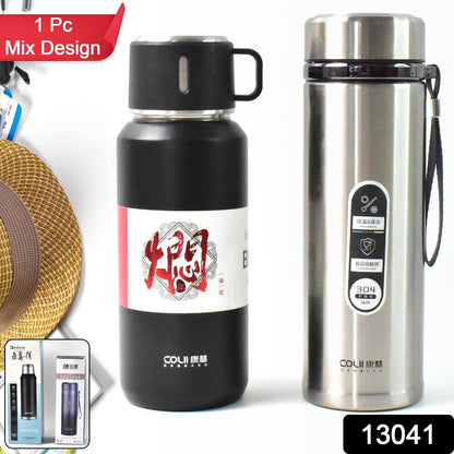 Stainless Steel Vacuum Insulated Water Bottle â€“ 900ML Approx, Leak-Proof, Wide Mouth with Hanging Strap (Mix Color)