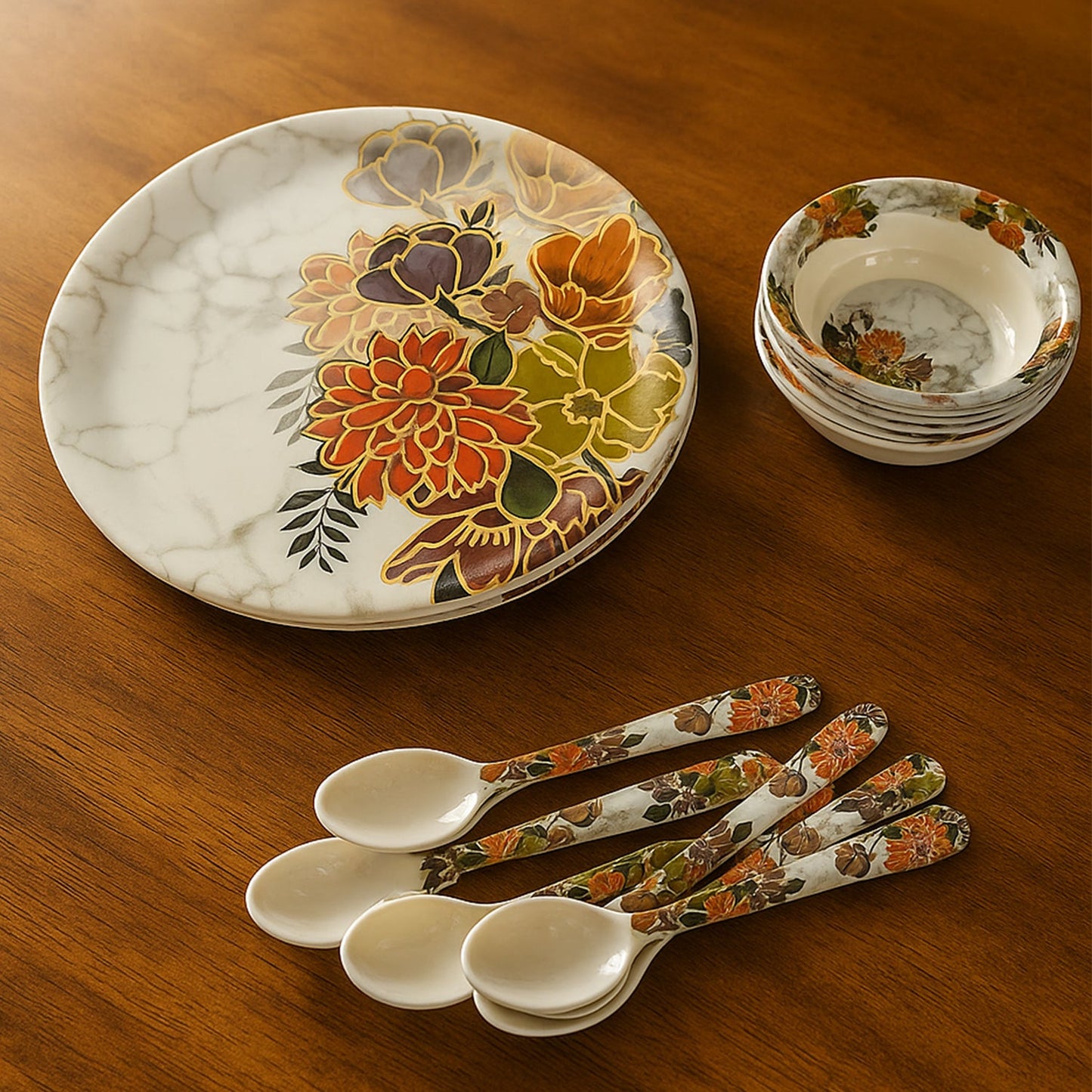 Dream 18-Piece Plastic Dinner Set â€“ Unique Flower Design, 6 Plates, 6 Bowls & 6 Spoons, Microwave & Dishwasher Safe