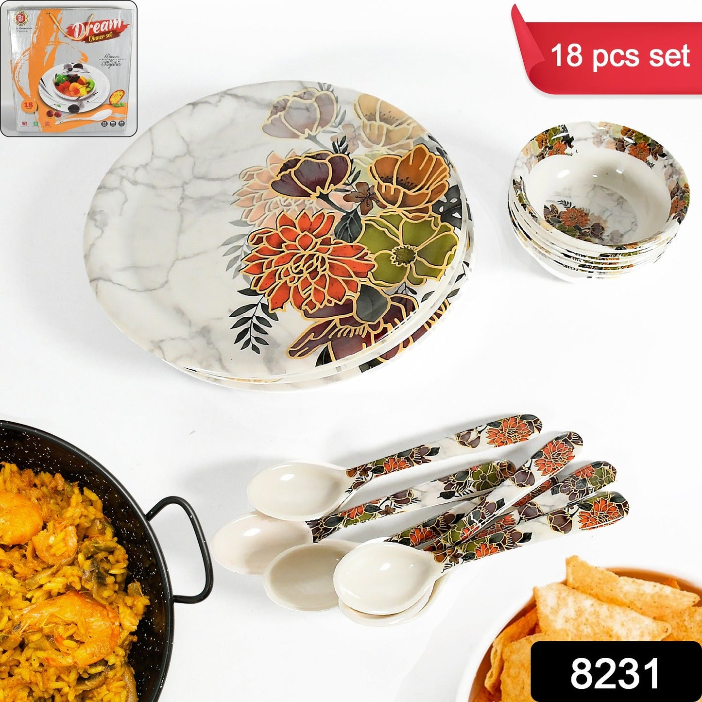 Dream 18-Piece Plastic Dinner Set â€“ Unique Flower Design, 6 Plates, 6 Bowls & 6 Spoons, Microwave & Dishwasher Safe