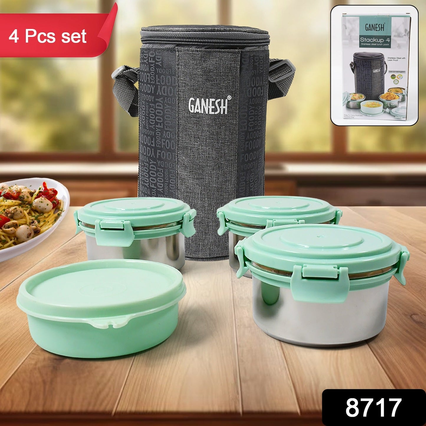 Ganesh 4In1Â Tiffin Box-Lunch Box | 3 Stainless Steel Containers 300 Ml Approx & Plastic Salad Container 200 Ml Approx| Plastic lid Box | Round Zip Bag | Leak Proof | Microwave SafeÂ for Office, College and School for Men, WomenÂ 